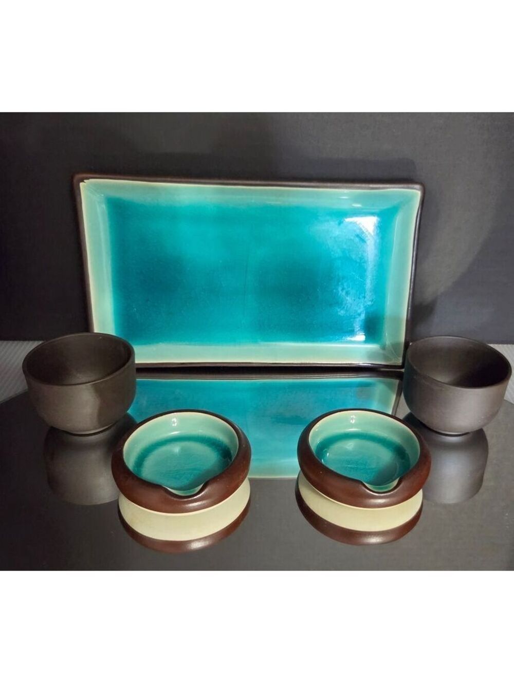 Vintage Ceramic Sushi Plate Set with Two Cups and Two Soy Sauce Mino Ware